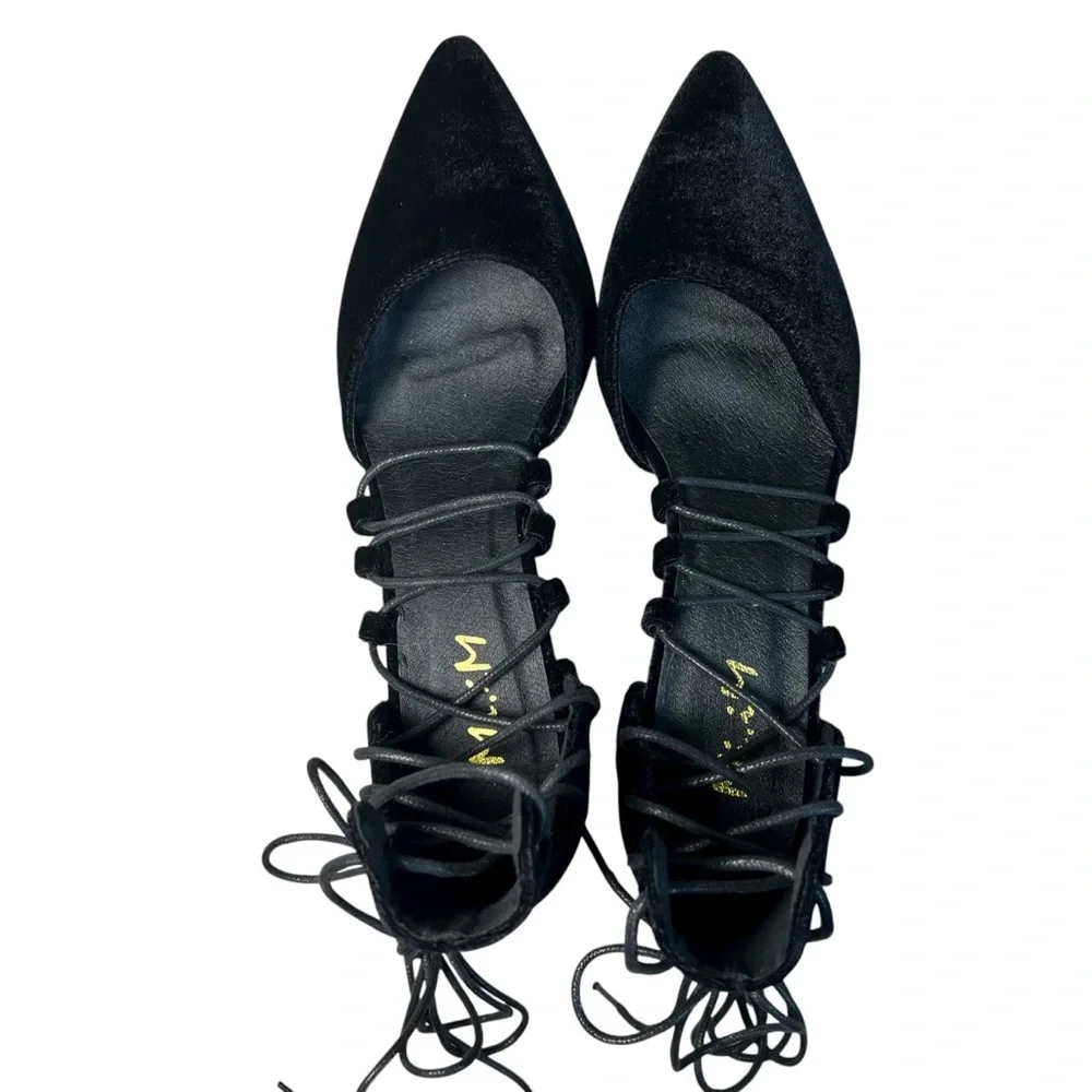 Mi.iM Black Velvet Block Glitter Heel Strappy Lace Up Shoes Pointed Toe Size 8.5